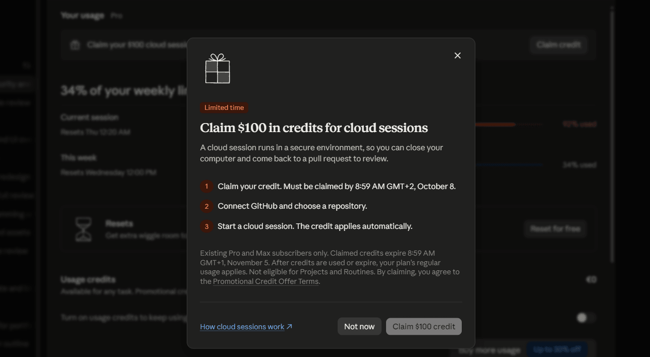 Claude Usage bo‘limida $100 cloud kreditini olish oynasi