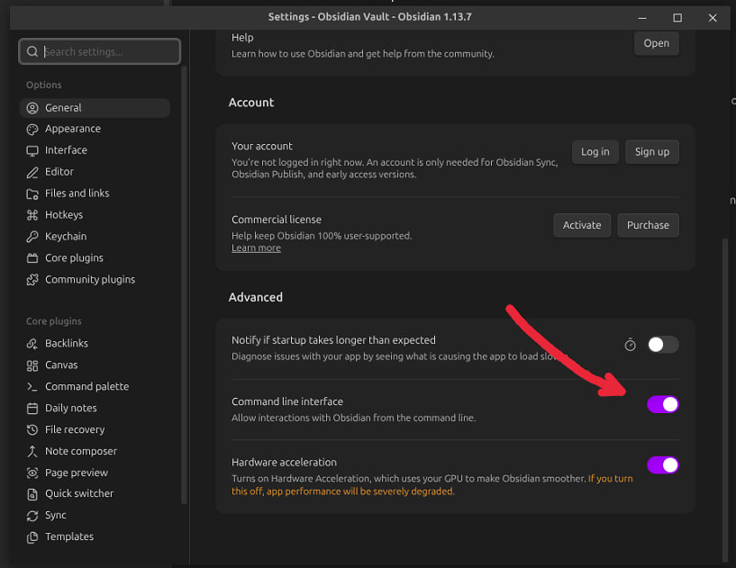 Obsidian Settings ichidagi Command line interface tugmasi